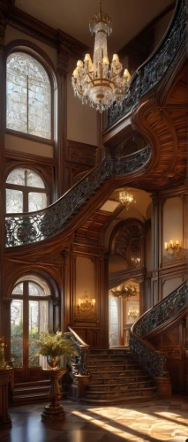 staircase,winding staircase,staircases,circular staircase,wooden stairs,spiral staircase,outside staircase,stairs,banisters,stairway,cochere,stair,driehaus,stairwell,upstairs,wooden stair railing,entrance hall,peles castle,stairways,luxury home interior,Illustration,Realistic Fantasy,Realistic Fantasy 08