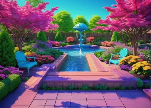 cartoon video game background,3d background,garden pond,spring background,fairy world,nature garden,springtime background,3d fantasy,flower background,flower garden,oasis,lilly pond,lily pond,virtual landscape,frog background,koi pond,wishing well,fountain pond,pond,flower water,Conceptual Art,Sci-Fi,Sci-Fi 28