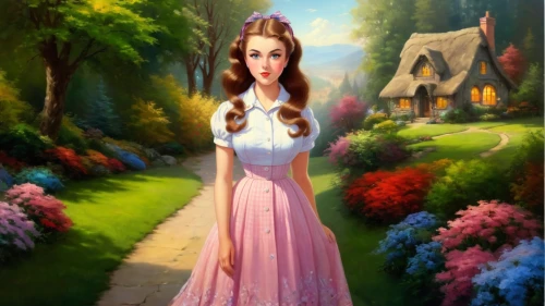aerith,girl in the garden,dorthy,fairy tale character,fantasy picture,anarkali,belle,girl in a long dress,dorothy,princess sofia,dirndl,girl in flowers,gwtw,princess anna,nessarose,duchesse,storybook character,cinderella,rosa 'the fairy,springtime background