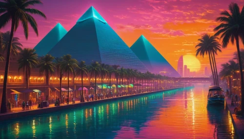 pyramids,pyramid,nile,futuristic landscape,polyneices,pyramidal,diamond lagoon,pyramide,lagoon,mypyramid,luxor,giza,nile river,paradisus,extrapyramidal,glass pyramid,step pyramid,cairo,fantasy city,3d fantasy,Conceptual Art,Sci-Fi,Sci-Fi 26
