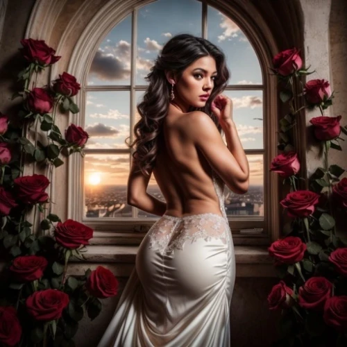 romantic portrait,romantic rose,with roses,fantasy picture,fantasy art,romantic look,scent of roses,romantica,sirenia,the bride,porcelain rose,rose white and red,bridal gown,valentine pin up,valentierra,red roses,roses frame,bridal dress,fantasy portrait,sky rose