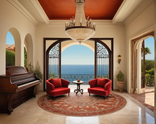 luxury home interior,ocean view,grand piano,oceanfront,oceanview,window with sea view,front porch,great room,luxury home,beautiful home,luxury property,palmilla,rosecliff,beach house,living room,the piano,porch,sitting room,cochere,sunroom,Illustration,Realistic Fantasy,Realistic Fantasy 35