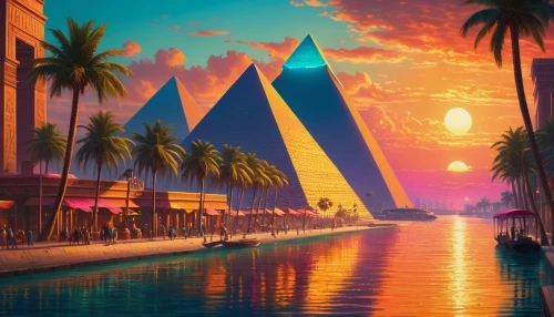 sailboats,futuristic landscape,sailing boats,pyramids,world digital painting,diamond lagoon,triangles background,polyneices,tropics,sails,3d background,tropical island,seaside resort,yachts,bahamonde,ocean paradise,summer background,tropical sea,paradisus,fantasy landscape,Conceptual Art,Sci-Fi,Sci-Fi 26