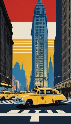 travel poster,chrysler building,feininger,art deco,new york taxi,yellow taxi,taxicabs,vintage illustration,serigraphs,edsel,fleetline,woolworth,gangloff,american classic cars,cool pop art,cinerama,blohowiak,gershwin,trafficante,feitelson,Art,Artistic Painting,Artistic Painting 43