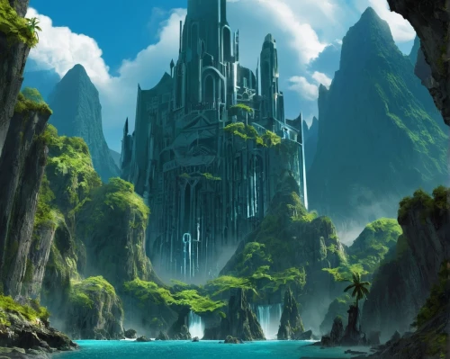 alfheim,fantasy landscape,ancient city,tirith,gondolin,futuristic landscape,skylands,castle of the corvin,fantasy city,ruined castle,imperial shores,rivendell,nargothrond,dragonstone,knight's castle,citadels,elves country,fantasy world,castle ruins,fantasy picture,Conceptual Art,Fantasy,Fantasy 02