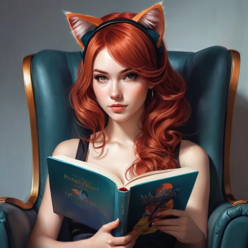 triss,heatherley,red tabby,relaxing reading,red cat,reading,bookworm,xanth,fantasy portrait,lectura,girl studying,firestar,behenna,kat,catrin,sci fiction illustration,fireheart,cat ears,book wallpaper,bookish,Conceptual Art,Fantasy,Fantasy 03