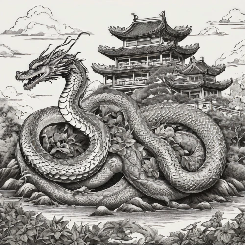 emperor snake,serpent,dragon boat,golden dragon,cool woodblock images,khenin,shenlong,taoism,dragon of earth,wyrm,daojin,ouroboros,rongfeng,xiangfei,oriental painting,hand-drawn illustration,xiaojin,yuanzhong,hanzhong,xiuquan