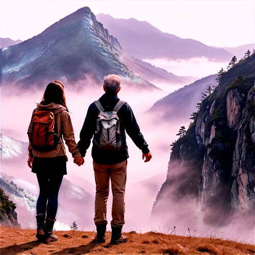 sightseers,hikers,explorers,backpackers,travelers,couple silhouette,huangshan,trekkers,high-altitude mountain tour,wanderlust,explore,mountain hiking,loving couple sunrise,adventure,huangshan mountains,wanderers,hushan,love background,couple goal,above the clouds,Illustration,Black and White,Black and White 34