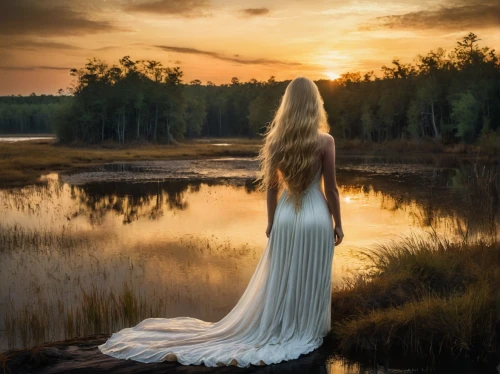 girl in a long dress,nightdress,the blonde in the river,the night of kupala,mystical portrait of a girl,skyclad,fantasy picture,behenna,marshlands,kupala,girl on the river,elfland,quietude,enchantment,swamps,girl in a long dress from the back,faery,faerie,dreamscapes,photomanipulation,Conceptual Art,Fantasy,Fantasy 34
