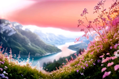 the valley of flowers,mountain flower,mountain flowers,nature background,landscape background,alpine landscape,mountain meadow,mountain landscape,mountain scene,alpine meadow,background view nature,mountain sunrise,mountain slope,mountainous landscape,alpine flowers,nature landscape,virtual landscape,japanese alps,blooming field,mountain pasture,Illustration,Realistic Fantasy,Realistic Fantasy 02