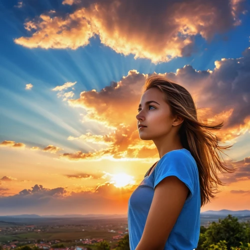 woman silhouette,girl in t-shirt,mystical portrait of a girl,landscape background,sky,girl making selfie,sunburst background,medjugorje,colorful background,silhouette against the sky,relaxed young girl,cielo,sun,beautiful young woman,windows wallpaper,young woman,photographic background,sunset,creative background,sunset glow,Photography,General,Realistic