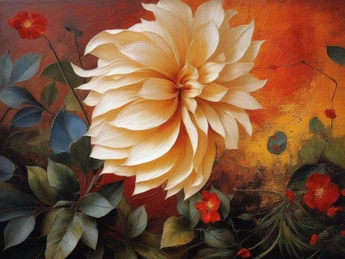 flower painting,orange dahlia,dahlia bloom,flame flower,orange flower,flower of dahlia,oil painting on canvas,dahlia flower,magnolia star,flower of passion,orange blossom,flower art,magnolia,lotus blossom,red dahlia,garden dahlia,orange rose,dahlia,cuba flower,fire flower,Illustration,Realistic Fantasy,Realistic Fantasy 06