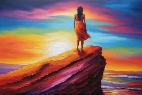 oil painting on canvas,danxia,oil painting,art painting,colorful background,girl on the dune,vibrantly,inanna,oil on canvas,girl in a long,pintura,dream art,ladyland,woman thinking,vibrancy,dreamscape,psychosynthesis,coloristic,oil paint,woman silhouette,Illustration,Realistic Fantasy,Realistic Fantasy 25