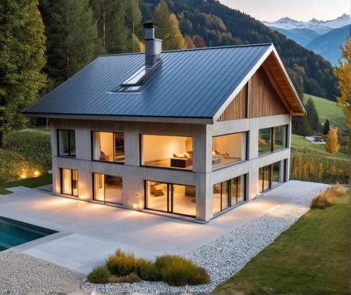 swiss house,passivhaus,glickenhaus,chalet,slate roof,metal roof,lohaus,modern house,roof landscape,alpine style,velux,switzerlands,grass roof,svizzera,house in the mountains,verbier,landhaus,megeve,homebuilding,timber house,Photography,General,Realistic