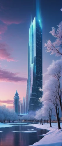 futuristic landscape,futuristic architecture,cybercity,ice castle,the skyscraper,winter background,supertall,ice planet,pc tower,ordos,arcology,fantasy city,skyscraper,cyberport,windows wallpaper,skycraper,sky city,skyreach,skyscraping,crystalize,Art,Classical Oil Painting,Classical Oil Painting 19