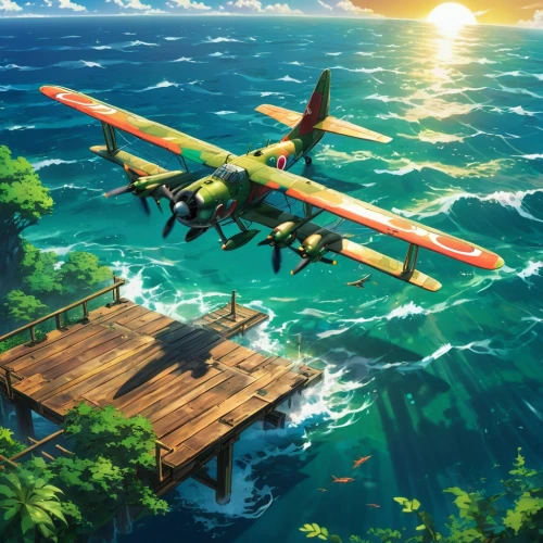 seaplane,seaplanes,dornier,floatplanes,flying island,ocean background,plane wreck,beaufighters,south pacific,constellation swordfish,swordfish,oceanair,pby,summer background,ju 52,heliborne,triplanes,take-off of a cliff,spyplane,plane,Illustration,Japanese style,Japanese Style 03