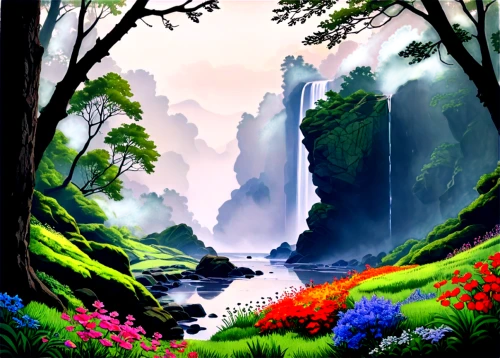 nature background,landscape background,fantasy landscape,waterfall,waterfalls,cartoon video game background,watercolor background,water fall,springtime background,fairy forest,nature landscape,spring background,fairy world,rivendell,world digital painting,water falls,art background,fairyland,ash falls,the natural scenery,Art,Artistic Painting,Artistic Painting 27