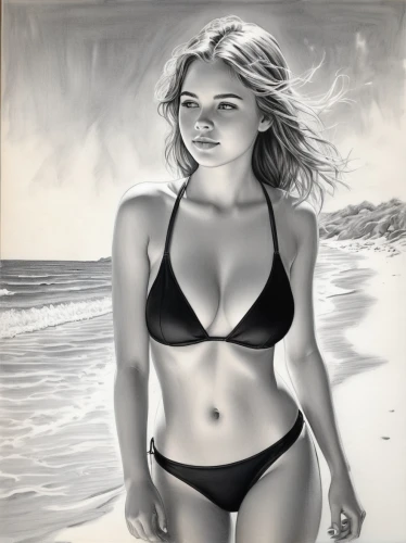 charcoal drawing,charcoal pencil,rousey,charcoal,beach background,photo painting,pencil drawing,airbrushing,lopilato,underpainting,oil painting,wozniacki,blonde woman,photorealist,airbrush,oil painting on canvas,beachgoer,kolinda,kurkova,digital painting,Illustration,Black and White,Black and White 30