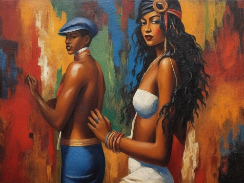 african art,black couple,young couple,oil painting on canvas,african culture,african woman,nubian,oil painting,indian art,african american woman,eritreans,oil on canvas,eritrean,jagannathan,orishas,liberians,nubians,africano,man and woman,bohemian art,Illustration,Realistic Fantasy,Realistic Fantasy 21