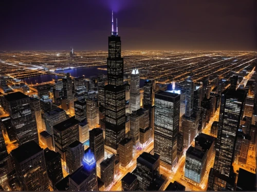 chicago night,sears tower,dubay,dubia,chicago skyline,city at night,willis tower,chicago,city lights,nightview,dubai,chicagoland,burj khalifa,chicagoan,citylights,emaar,coruscant,night view,dearborn,nightscape,Illustration,Abstract Fantasy,Abstract Fantasy 08