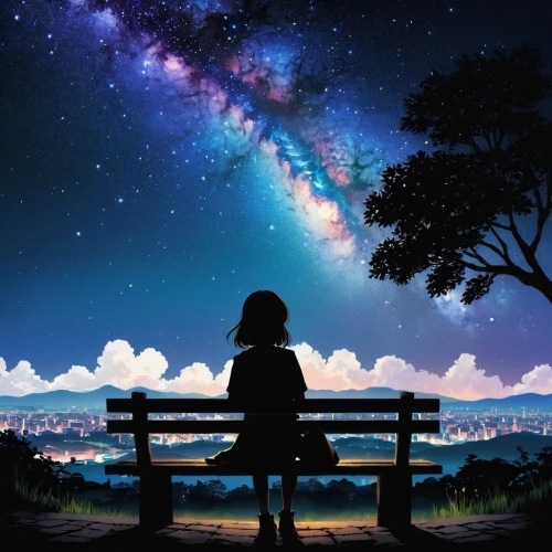 starry sky,night sky,stargazing,the night sky,nightsky,children's background,night stars,star sky,dream world,silhouette art,loneliness,alone,bench,beautiful wallpaper,tanabata,free background,starlight,universe,to be alone,falling stars,Illustration,Japanese style,Japanese Style 05