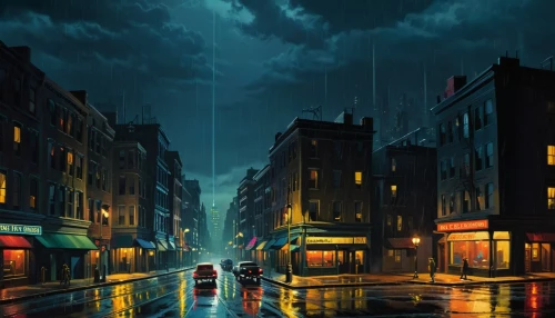 world digital painting,cartoon video game background,night scene,cityscapes,city scape,rainstorm,street lights,cloudstreet,heavy rain,street lamps,darktown,nighbor,rainville,sidestreet,streetlamps,crewdson,carriedo,raining,monsoon,nocturne,Illustration,American Style,American Style 14