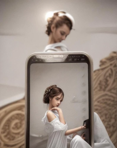 doll looking in mirror,mirror,in the mirror,mirror reflection,the mirror,miroir,girl making selfie,magic mirror,outside mirror,mirror frame,mirrors,mirrored,girl in white dress,mirror image,reflects,audrey hepburn,reflection,vintage angel,gekas,padme,Common,Common,Natural