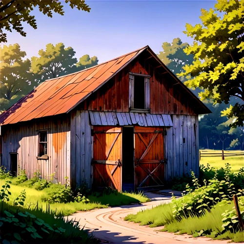 barn,wooden hut,farm hut,old barn,wooden house,red barn,shed,garden shed,little house,summer cottage,sheds,small cabin,field barn,farmstead,cottage,small house,woodshed,barnhouse,country cottage,rustic aesthetic,Illustration,Japanese style,Japanese Style 07