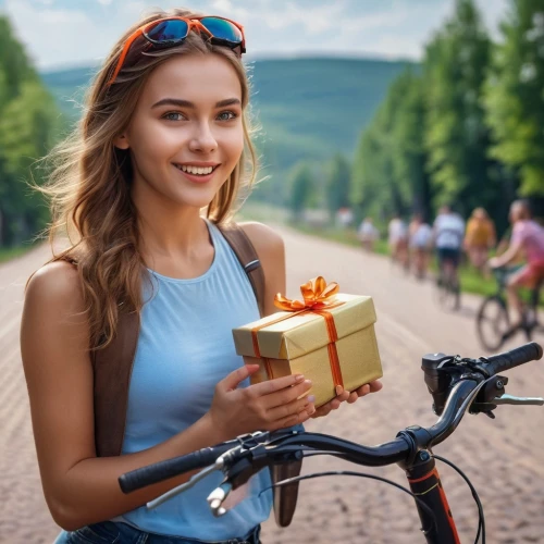 blonde girl with christmas gift,woman bicycle,brunette with gift,cycling,giftrust,courier software,obike munich,bicycle ride,cross country cycling,girocredit,biking,bicycling,bicycle riding,istock,cyclist,courier driver,eurovelo,spokewoman,couriers,bike ride,Photography,General,Commercial