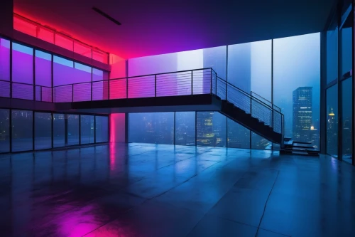 glass wall,colored lights,futuristic art museum,skywalks,flavin,hallway space,turrell,ambient lights,glass facades,skybridge,stairwell,hallway,glass building,glass facade,block balcony,colorful light,nightclub,stairwells,atriums,staircases,Conceptual Art,Sci-Fi,Sci-Fi 22