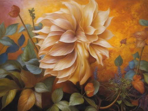 flower painting,orange dahlia,orange flower,flower art,marigold flower,oil painting on canvas,calendula,orange rose,orange blossom,yellow orange rose,orange floral paper,marigold,dahlia bloom,oil painting,orange petals,calenduleae,splendor of flowers,flora,floral composition,orange flowers,Illustration,Realistic Fantasy,Realistic Fantasy 03