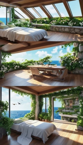 roof landscape,balcony garden,penthouses,roof terrace,roof garden,sky apartment,oceanfront,block balcony,earthship,tree house hotel,floating huts,grass roof,treehouses,tropical house,balconied,beachfront,renderings,pergola,3d rendering,oceanview,Illustration,Realistic Fantasy,Realistic Fantasy 19