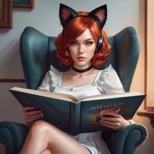 heatherley,girl studying,reading,relaxing reading,triss,lectura,red tabby,transistor,donsky,red cat,fantasy portrait,world digital painting,sci fiction illustration,bookworm,jasinski,cat ears,digital painting,study,kat,librarian,Conceptual Art,Fantasy,Fantasy 03