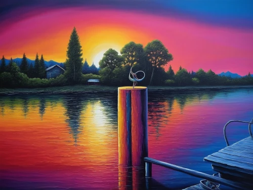 art painting,oil painting on canvas,dubbeldam,oil painting,oil on canvas,painting technique,painter,evening lake,pintor,boat landscape,acrylic paint,boat dock,photo painting,montlake,incredible sunset over the lake,pintura,dream art,meticulous painting,peinture,romantic scene,Illustration,Realistic Fantasy,Realistic Fantasy 25