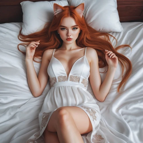 woman on bed,girl in bed,redhead doll,ginger cat,cat in bed,behenna,heatherley,yelizaveta,orange tabby cat,orange tabby,red tabby,yulia,pushkina,elizaveta,olesya,svitlana,zhuravleva,redheads,chorkina,ginger kitten,Conceptual Art,Fantasy,Fantasy 32