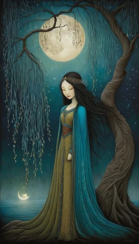 girl with tree,imbolc,dubbeldam,mystical portrait of a girl,the enchantress,persephone,dreamtime,faerie,fairie,blue enchantress,naiad,elenore,rusalka,ostara,druidry,ariadne,volia,blue moon,moonlit night,moonbeams,Illustration,Abstract Fantasy,Abstract Fantasy 19