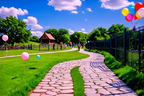 colorful balloons,corner balloons,pink balloons,pathway,imaginationland,cartoon video game background,kites balloons,3d background,children's background,toontown,balloons,walk in a park,3d rendering,walkway,balloon,virtual landscape,3d render,3d rendered,landscape background,balloon trip,Illustration,Paper based,Paper Based 10
