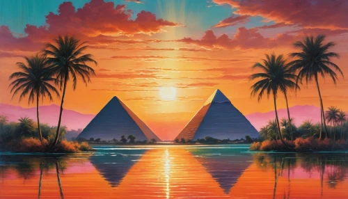 pyramids,nile,pyramidal,triangles background,giza,polyneices,tropics,palmtrees,pyramid,pyramide,polynesia,sailboats,nile river,oasis,egypt,tahiti,beautiful wallpaper,landscape background,palmitic,futuristic landscape,Photography,Artistic Photography,Artistic Photography 07