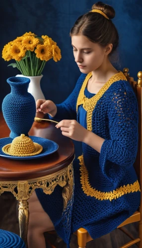 crochet,crocheted,crocheting,knitting,persian norooz,knitting wool,knitter,miniaturist,knitting clothing,crochet pattern,blue chrysanthemum,yellow and blue,doilies,girl with cereal bowl,vermeer,woman drinking coffee,kosovan,novruz,coraline,tea service,Photography,General,Realistic