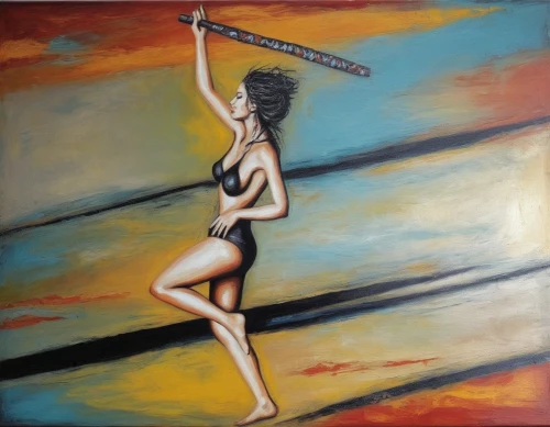 pole vaulter,twirler,woman playing tennis,majorette,tightrope walker,paddleboard,flutist,pole dancer,atlatl,oil painting on canvas,rhythmic gymnastics,flautist,flagstick,paddle board,oil painting,indigenous painting,pole dance,sculler,oil on canvas,easel,Illustration,Realistic Fantasy,Realistic Fantasy 33