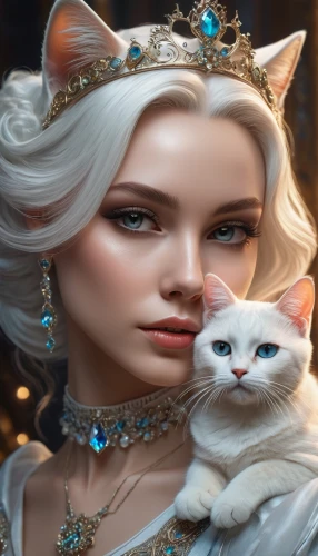 white cat,kittani,snowbell,elsa,noblewoman,morgana,galadriel,derivable,fantasy portrait,daenerys,white rose snow queen,fantasy picture,ciri,cat with blue eyes,fantasy art,jaina,the snow queen,behenna,nimue,fairy tale character,Photography,General,Fantasy