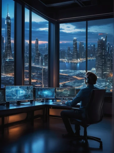 schuitema,night administrator,schuiten,blur office background,shinra,modern office,cybercity,kawamori,oscorp,cybertrader,cityscape,blue hour,boardroom,alchemax,city at night,cyberview,man with a computer,windows wallpaper,consulting room,cybertown,Illustration,Paper based,Paper Based 03