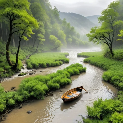 boat landscape,river landscape,green landscape,shaoming,japan landscape,landscape background,wooden boat,row boat,world digital painting,canoeing,nature landscape,mountain river,beautiful landscape,landscape nature,nature wallpaper,canoes,south korea,green trees with water,nature background,water boat,Unique,Design,Character Design