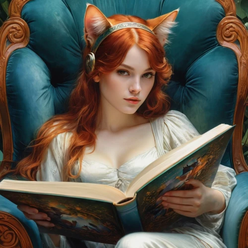 triss,fantasy portrait,relaxing reading,reading,lectura,girl studying,bibliophile,red tabby,kat,xanth,fantasy art,fantasy picture,librarian,orange tabby cat,titania,ginger cat,heatherley,book wallpaper,orange tabby,fantasy woman,Conceptual Art,Fantasy,Fantasy 05