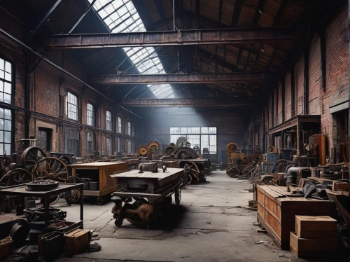 manufactory,foundry,factory hall,metalworks,tannery,blacksmiths,potteries,sewing factory,middleport,ironworks,abandoned factory,manufactories,brickworks,empty factory,industrial hall,workbenches,cooperage,factories,old factory,ironworking,Illustration,Japanese style,Japanese Style 11