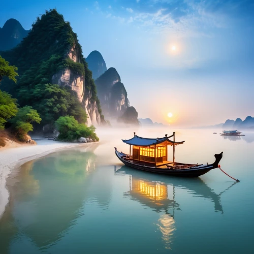 tailandia,boat landscape,halong bay,vietnam,halong,southeast asia,taxi boat,viet nam,fishing village,thailand,boat on sea,coastal landscape,thailands,fishing boat,khao phing kan,ham ninh,teal blue asia,floating huts,tranquility,old wooden boat at sunrise,Unique,Design,Logo Design