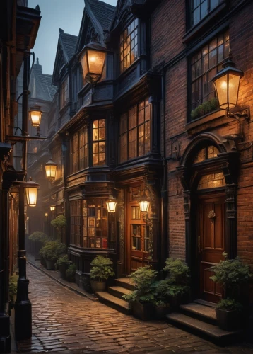 brownstones,townscapes,dickensian,medieval street,the cobbled streets,sidestreet,hogsmeade,gaslight,old linden alley,ruelle,cobblestone,brownstone,neverwhere,sansom,diagon,townhouse,cobblestones,cobbled,sidestreets,narrow street,Illustration,Japanese style,Japanese Style 17