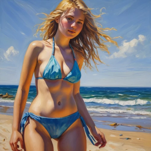 donsky,photorealist,girl on the dune,azzurro,oil painting,blonde woman,fischl,jasinski,blue painting,female model,chudinov,beach landscape,nestruev,heatherley,beach background,palizzi,pushkina,pittura,beachgoer,hyperrealism,Art,Classical Oil Painting,Classical Oil Painting 20