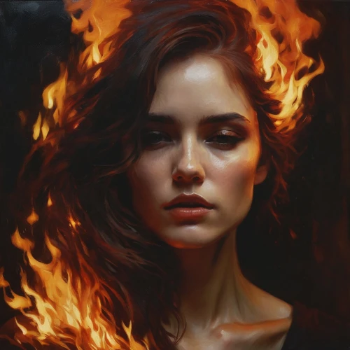 fire artist,fire angel,fiery,melisandre,aflame,burning hair,flame of fire,ignited,flame spirit,fire siren,firelight,firestarter,fire dancer,triss,combustion,afire,feuer,ablaze,pyromaniac,igniting,Conceptual Art,Oil color,Oil Color 11