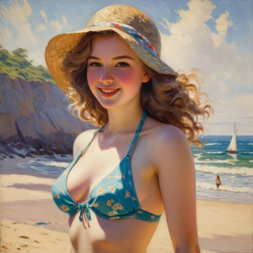 donsky,tretchikoff,girl wearing hat,oil painting,beach background,sun hat,young woman,retro pin up girl,pin-up girl,currin,beach landscape,photorealist,marilyn monroe,dmitriev,pushkina,woman with ice-cream,radebaugh,verano,retro woman,oil painting on canvas,Art,Classical Oil Painting,Classical Oil Painting 15